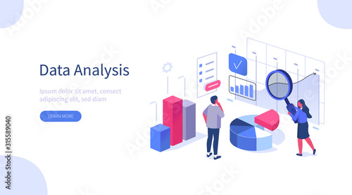 People Characters Working with Data Visualization. Man and Woman Analyzing Tables, Charts and Graphs at Business Dashboard. Digital Data Analysis Concept. Flat Isometric Vector Illustration.