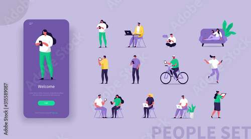 Tiny Business Characters Using Different Gadgets. Man and Woman Holding  Smartphone, Laptop, Tablet. Freelancer, Office Workers. Female and Male Characters Icons Set. Flat Cartoon Vector Illustration.