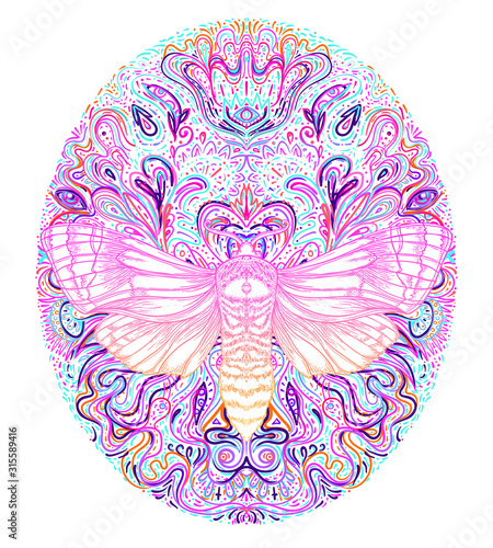 Moth over mandala. Beautiful vintage round pattern. Vector illustration. Psychedelic neon composition. 