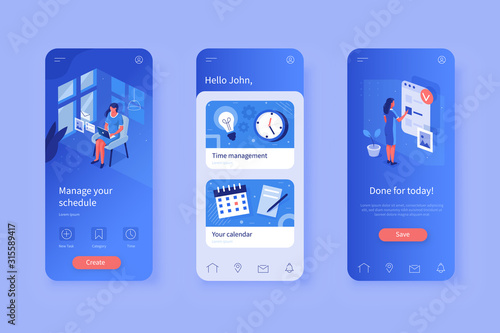 Mobile App Design Template for Time Management Service. Interface Elements, Icons, Background. Woman Organizing Time, Schedule and Create Notes. Ui Concept. Flat Isometric Vector Illustration.
