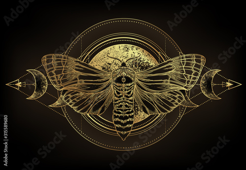 Golden moth over sacred geometry sign, isolated vector illustration. Tattoo flash. Mystical symbols and insects in gold. Alchemy, occultism, spirituality. Hand-drawn vintage.