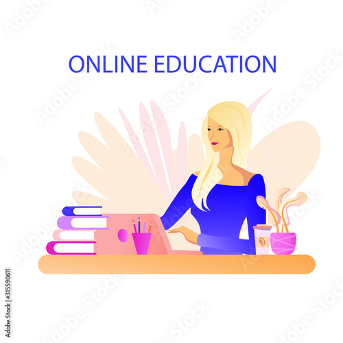Girl sitting  and working with laptop. Web Design advertising template for online education.  Website concept of freelance work, internet shopping, courses, entertaiment. 