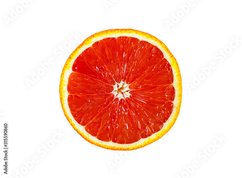 Fresh red orange or grapefruit isolated on white background. Tropical citrus fruit. Beautiful cut juicy slices.