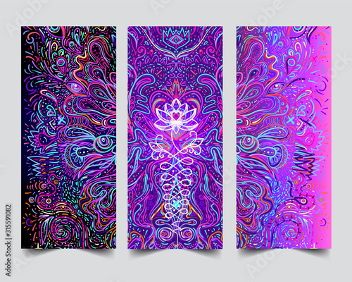 Yoga card, flyer, poster, mat design. Colorful neon template for spiritual retreat or yoga studio. Ornamental business cards, oriental pattern. Vector illustration. Sticker, patch, 60s hippie art.