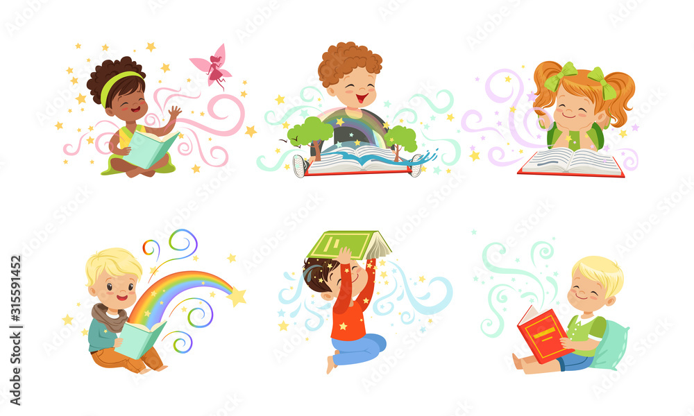 Adorable Little Boys and Girls Reading Fairy Tale Books Collection Vector Illustration