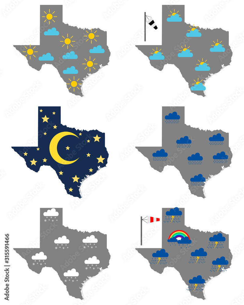 Fototapeta premium Karten von Texas mit verschiedenen Wettersymbolen