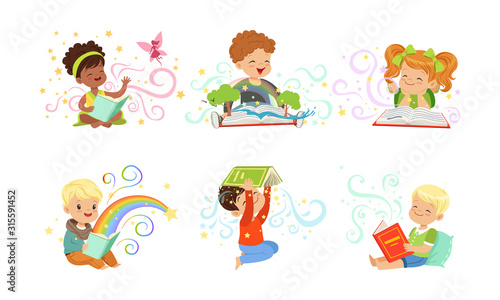 Adorable Little Boys and Girls Reading Fairy Tale Books Collection Vector Illustration