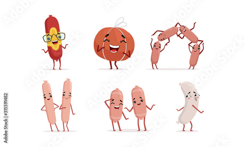 Cute Humanized Sausages Collection, Funny Fast Food Characters with Funny Faces, Arms and Legs Vector Illustration