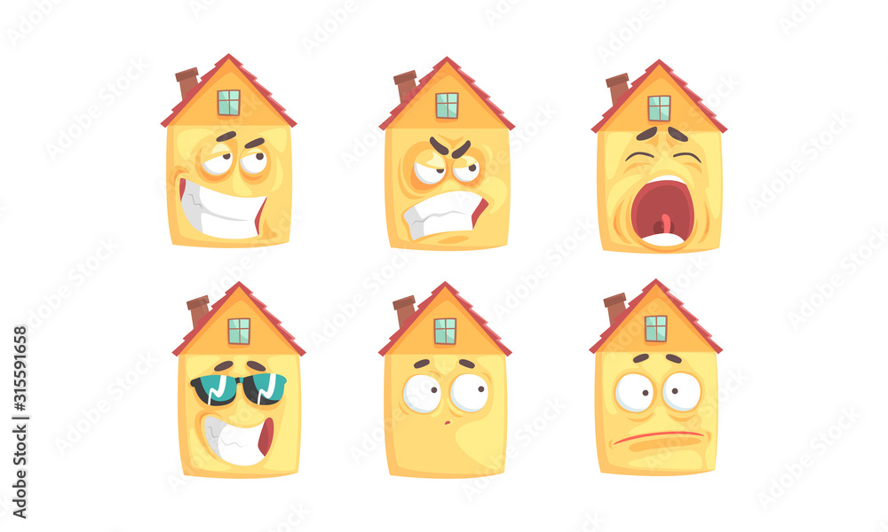 Funny Humanized Houses Collection, Cute Building Cartoon Character with Various Emotions Vector Illustration Funny Humanized Houses Collection, Cute Building Cartoon Character with Various Emotions Vector Illustration