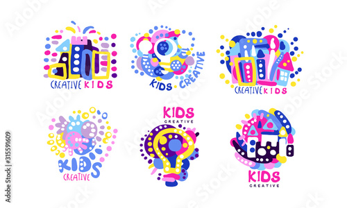 Kids Creative Labels Collection, Children Education Class, School Colorful Badges Vector Illustration
