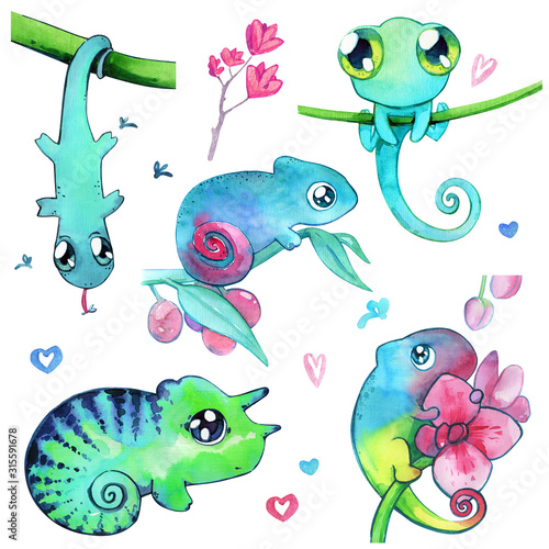 Chameleon cute childish kawaii blue watercolor isolated set