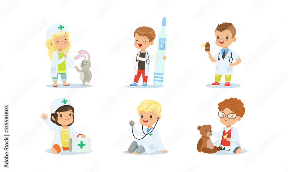 Cute Kids Playing Doctors Set, Adorable Boys and Girls Dressed as Doctors Examining and Treating their Patients Vector Illustration Cute Kids Playing Doctors Set, Adorable Boys and Girls Dressed as Doctors Examining and Treating their Patients Vector Illustration