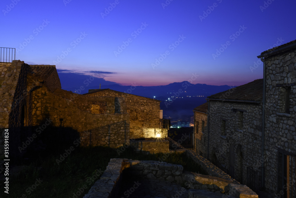 Riardo, 01/14/2020. Night view of a medieval castle in the Campania region