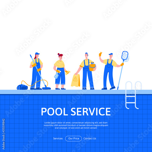 Landing page design template. Pool and outdoor Cleaning service modern flat vector illustration concepts for website. Vector Characters specialists with cleaning equipment