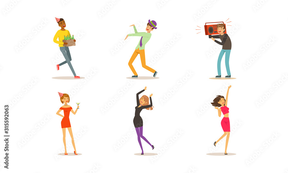 People Dancing and Having Fun at Party Set, Men and Women Celebrating Holiday Vector Illustration