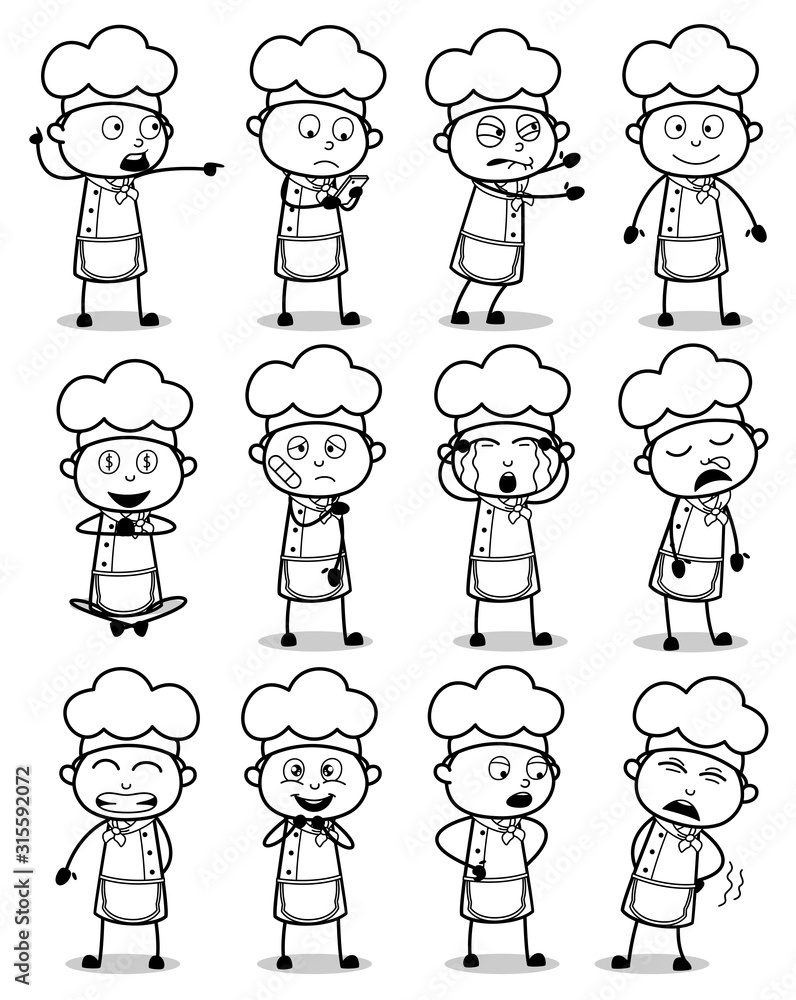 Black and White Drawing Art of Cartoon Chef - Set of Concepts Vector illustrations