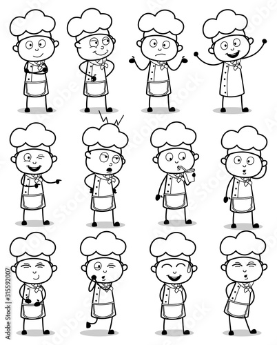 Drawing Art of Cartoon Chef Poses - Set of Concepts Vector illustrations