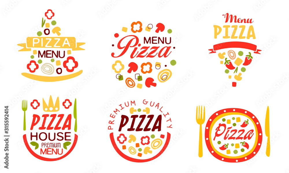 Pizza House Premium Menu Labels Collection, Fast Food Restaurant, Cafe Bright Badges Vector Illustration