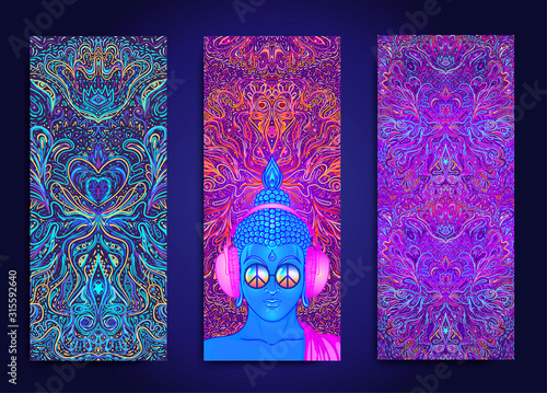 Yoga card, flyer, poster, mat design. Colorful neon template for spiritual retreat or yoga studio. Ornamental business cards, oriental pattern. Vector illustration. Sticker, patch, 60s hippie art.