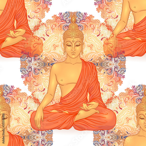 Buddha head seamless pattern. Vintage decorative composition. Indian, Buddhism, Spiritual esoteric motifs. tattoo, yoga, spirituality. Vector illustration.