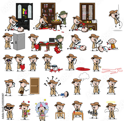 Cartoon Detective Agent - Set of Concepts Vector illustrations