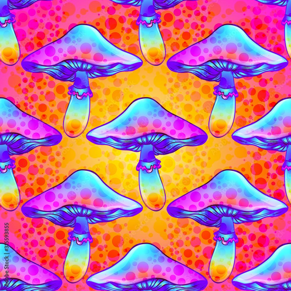 Magic mushrooms. Seamless pattern. Psychedelic hallucination. Vibrant