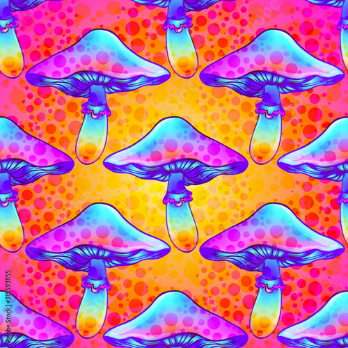 Magic mushrooms. Seamless pattern. Psychedelic hallucination. Vibrant vector illustration. 60s hippie colorful art. Hand drawn element in ethnic style. Spiritual background, wallpaper texture.