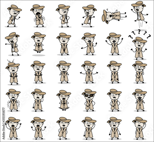 Collection of Vintage Detective Agent Poses - Set of Concepts Vector illustrations