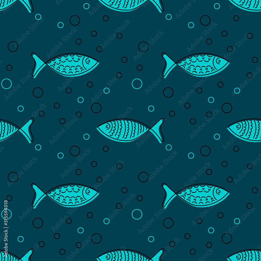 Obraz premium Seamless pattern with hand drawn fishes, doodle style. Silhouettes and contours, vector