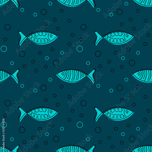 Seamless pattern with hand drawn fishes, doodle style. Silhouettes and contours, vector