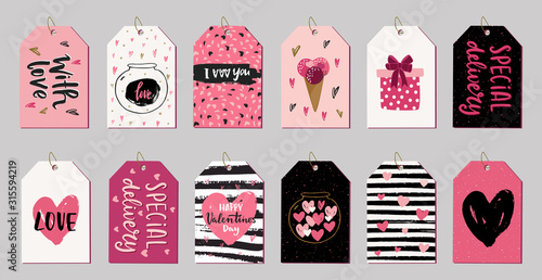 Big set of romantic gift box tag lor sale shopping labels, banners, card design forValentine's day design. Hand drawn vector scandinavian style illustration