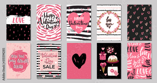 Big Set of Valentine's day greeting cards with hand written greeting lettering and textured brush strokes on background. Happy Valentine's day, Love you words, love concept,vector illustration