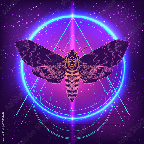 Moth over mandala. Beautiful vintage round pattern. Vector illustration. Psychedelic neon composition. 
