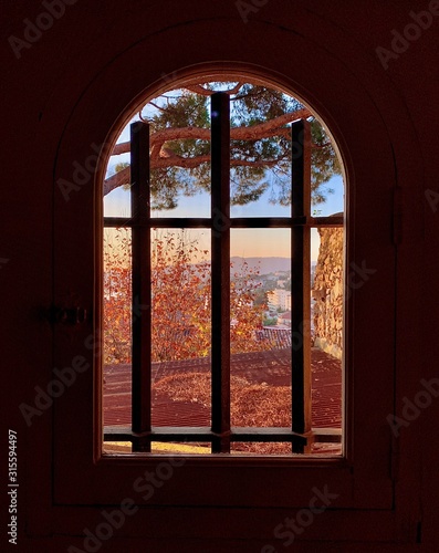 Arched window with bars and view