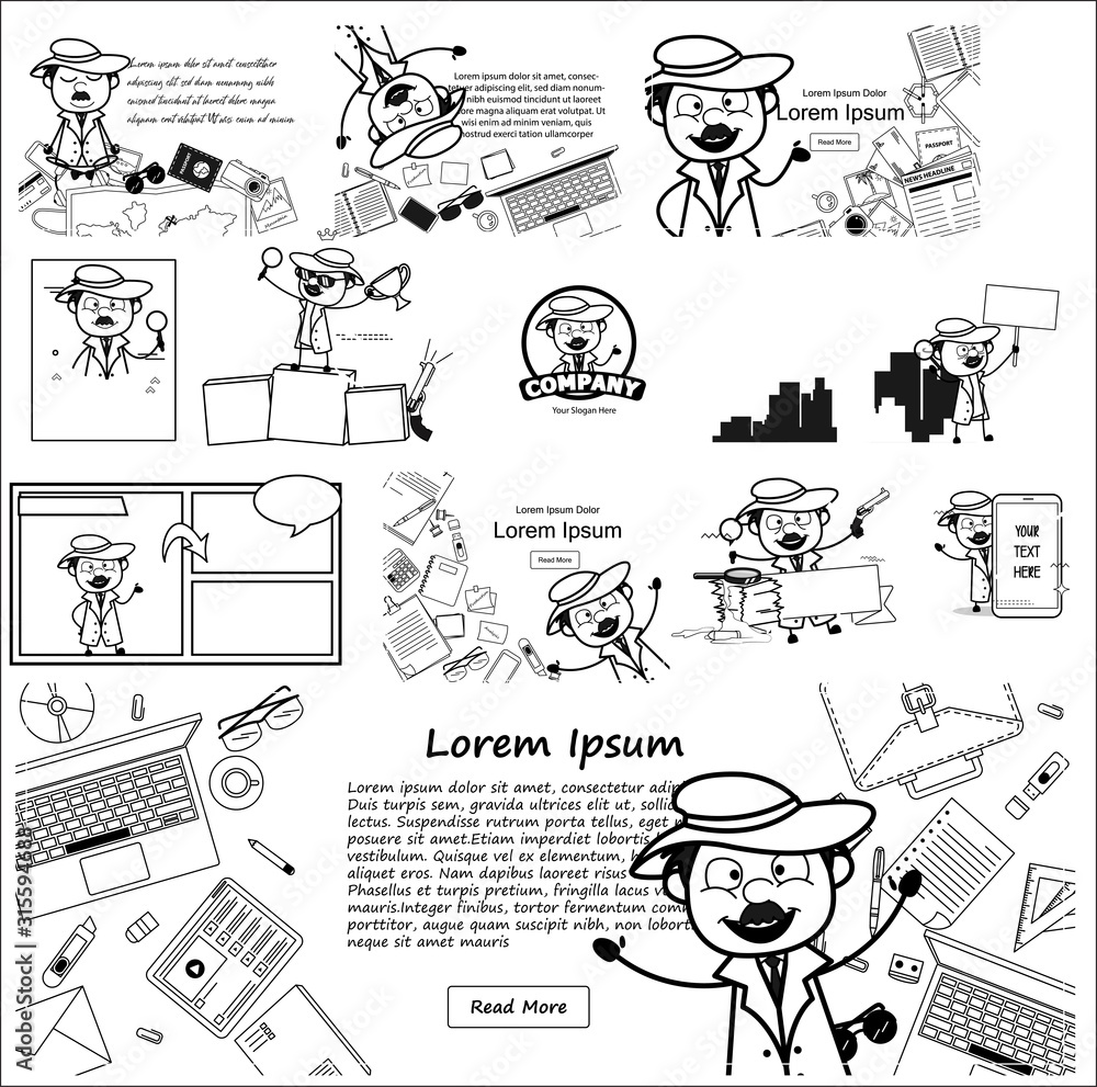 Templates with Cartoon Detective Agent - Set of Concepts Vector illustrations Templates with Cartoon Detective Agent - Set of Concepts Vector illustrations