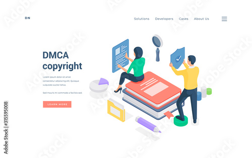 Man and woman checking intellectual property isometric vector illustration