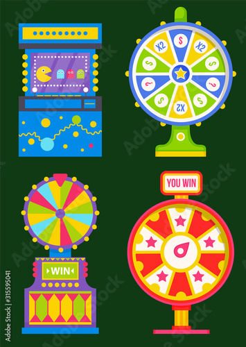 Wheel of fortune with colorful sectors. Slot machine with ghosts on green. Retro arcades, gaming concept. Lottery, gambling and casino. Lucky roulette, game of chance vector illustration