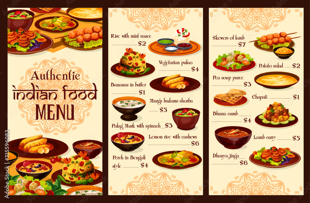 Indian cuisine menu, traditional authentic indian dishes. Vector rice