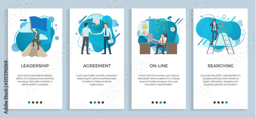 Agreement between businessmen vector, online office using computer and digital info and data, leadership searching male with binoculars on ladder. Website or app slider, landing page flat style