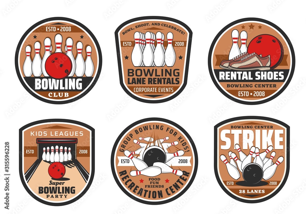 Obraz premium Bowling game center icons, sport club recreation and entertainment. Vector bowling game club lane and shoes rentals, balls and skittle pins, victory strike