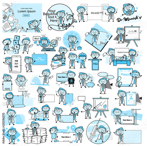 Vintage Young Cartoon Doctor Character - Set of Concepts Vector illustrations