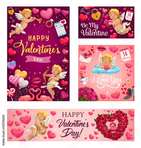 Happy Valentines day vector greeting card. Pink hearts and cupid with arrows, rose flowers wreath, angel with golden harp and pink flamingo with love lock and key