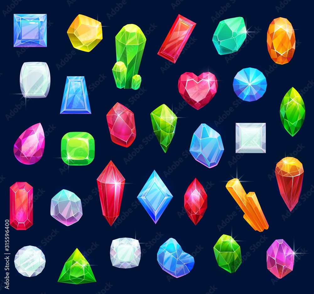 Gemstones, gem jewels, diamonds and jewelry precious stones. Vector