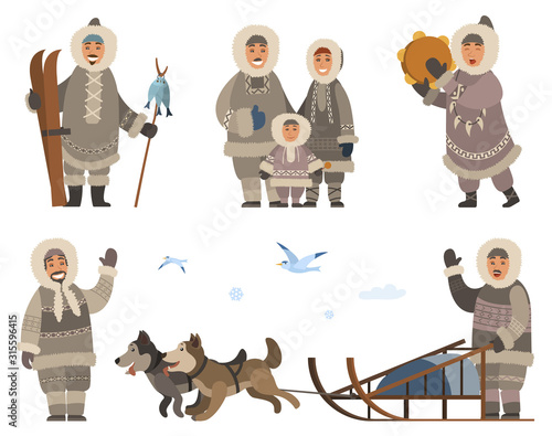 Set of inuits wearing traditional warm clothes. Isolated eskimos people family mother, father and kid. Person with musical instrument. Male with hunted fish. Character with sled dogs outdoors vector