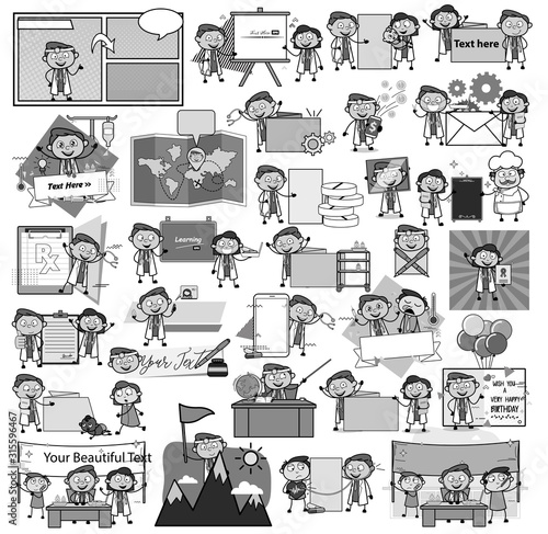 Retro Comic Doctor Various Concepts - Black and White Cartoon Vector illustrations