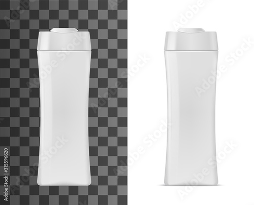 Fototapeta Naklejka Na Ścianę i Meble -  Cosmetic container package, shampoo or body lotion and shower gel plastic bottle with cap. Vector isolated 3d realistic mockup template, facial cleanser moisturizer and sunscreen cream plastic bottle
