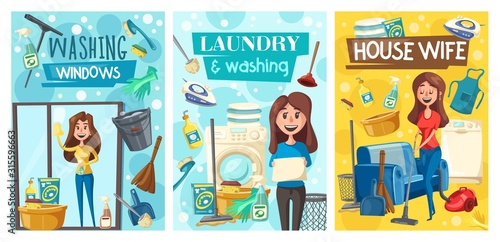 House cleaning, laundry and clean home, service posters. Vector professional, household cleaning, housewife mopping floor and window glass in flat room and ironing clothing laundry