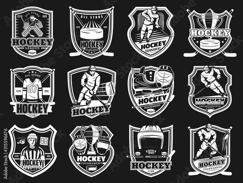 Ice hockey championship and sport club team emblems. Vector ice hockey player icons, stick and puck equipment store, goalkeeper and referee whistle, championship match cup