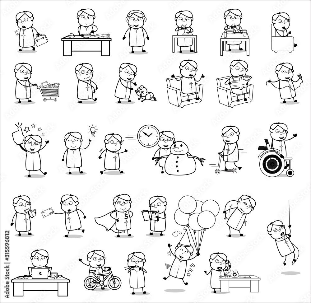 Drawing of Cartoon Priest Monk - Set of Concepts Vector illustrations