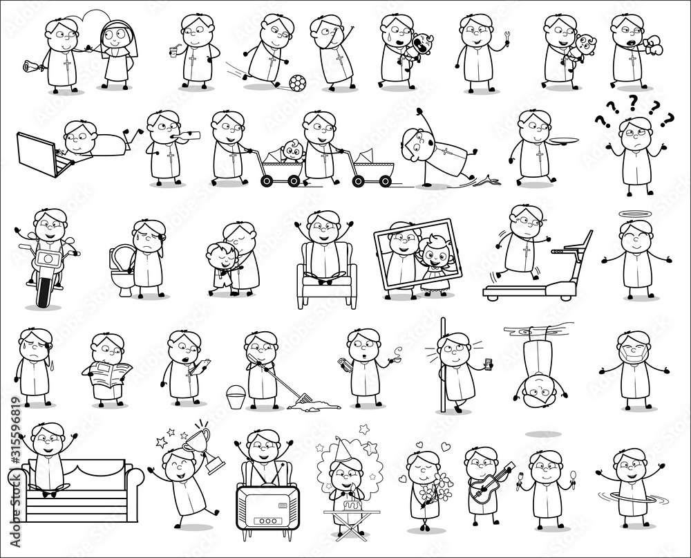 Priest Monk Character Drawings - Set of Concepts Vector illustrations Priest Monk Character Drawings - Set of Concepts Vector illustrations